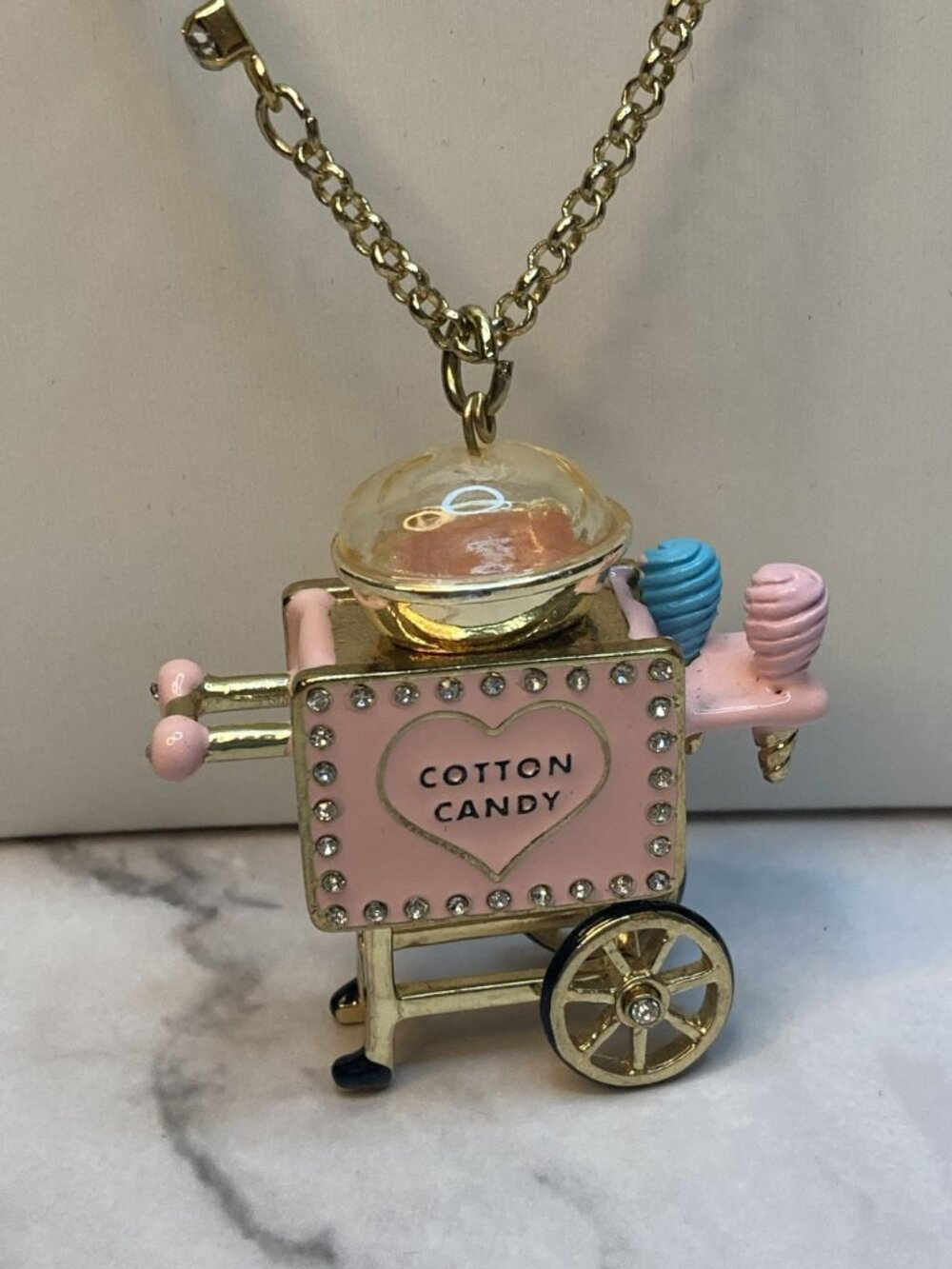 Betsey Johnson *Rare* Pink Cotton Candy Cart Pendant Necklace - 3B - Picture 3 of 9